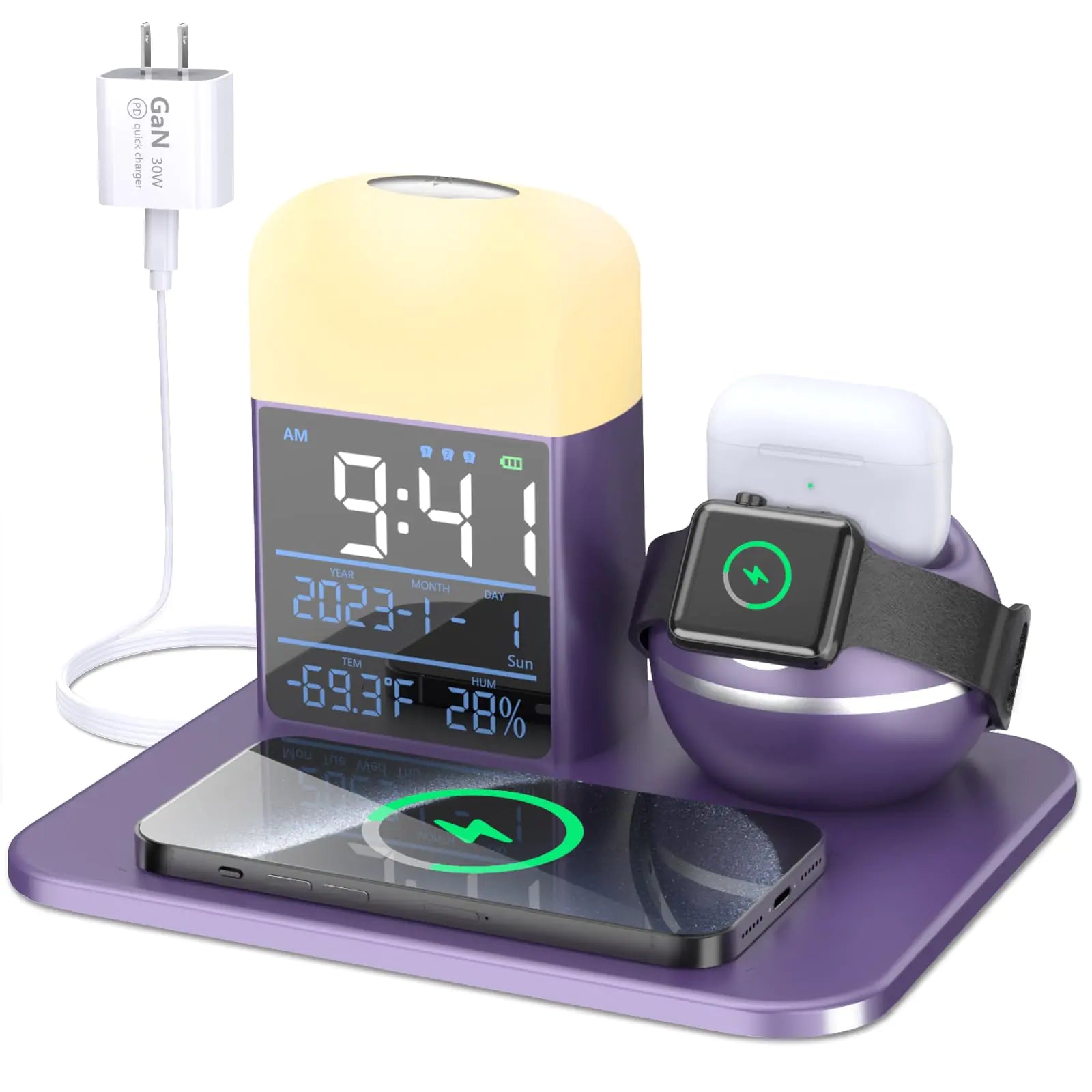 (Fluid) Wireless Charging Station with Alarm Clock and Night LightiPhone and Watch Charging Station3 in 1 Wireless Charger for iPhone 16 15 14 13 12 11 X Pro Max & Apple Watch 30W GaN Charger Purple