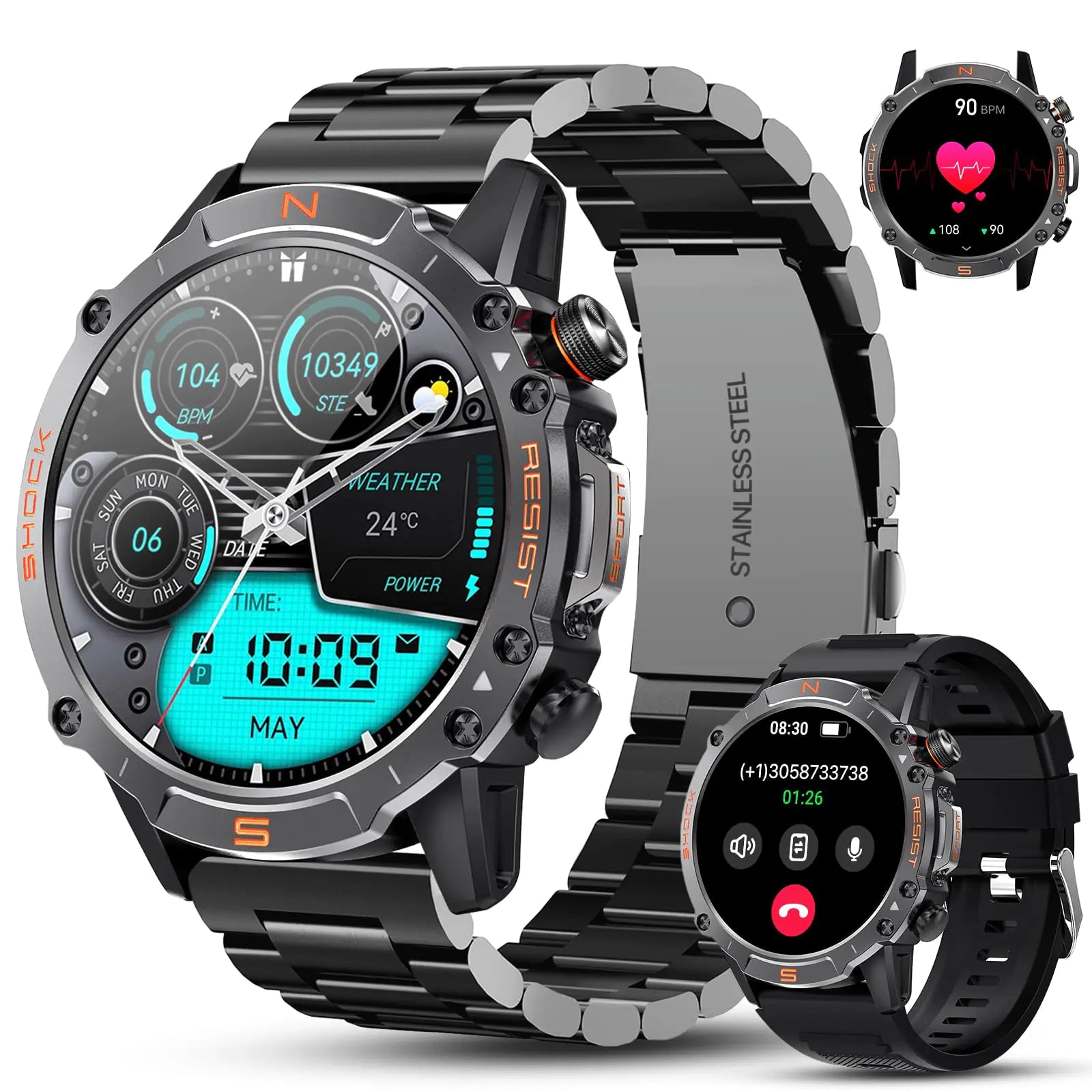 (Cura) Military Grade Smart Watch for Men- Answer/Dial Calls with 110 Sport ModelsIP68 Waterproof Fitness Watch with Heart Rate Monitor Android Smart Watch, iPhone Compatible 1.43" AMOLED Display Steel Band